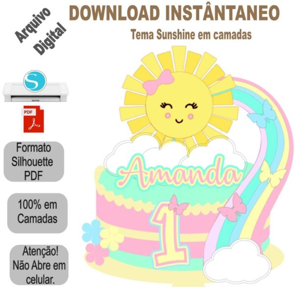 Arquivo de Corte Silhouette Topo de Bolo Sunshine em Camadas p/download